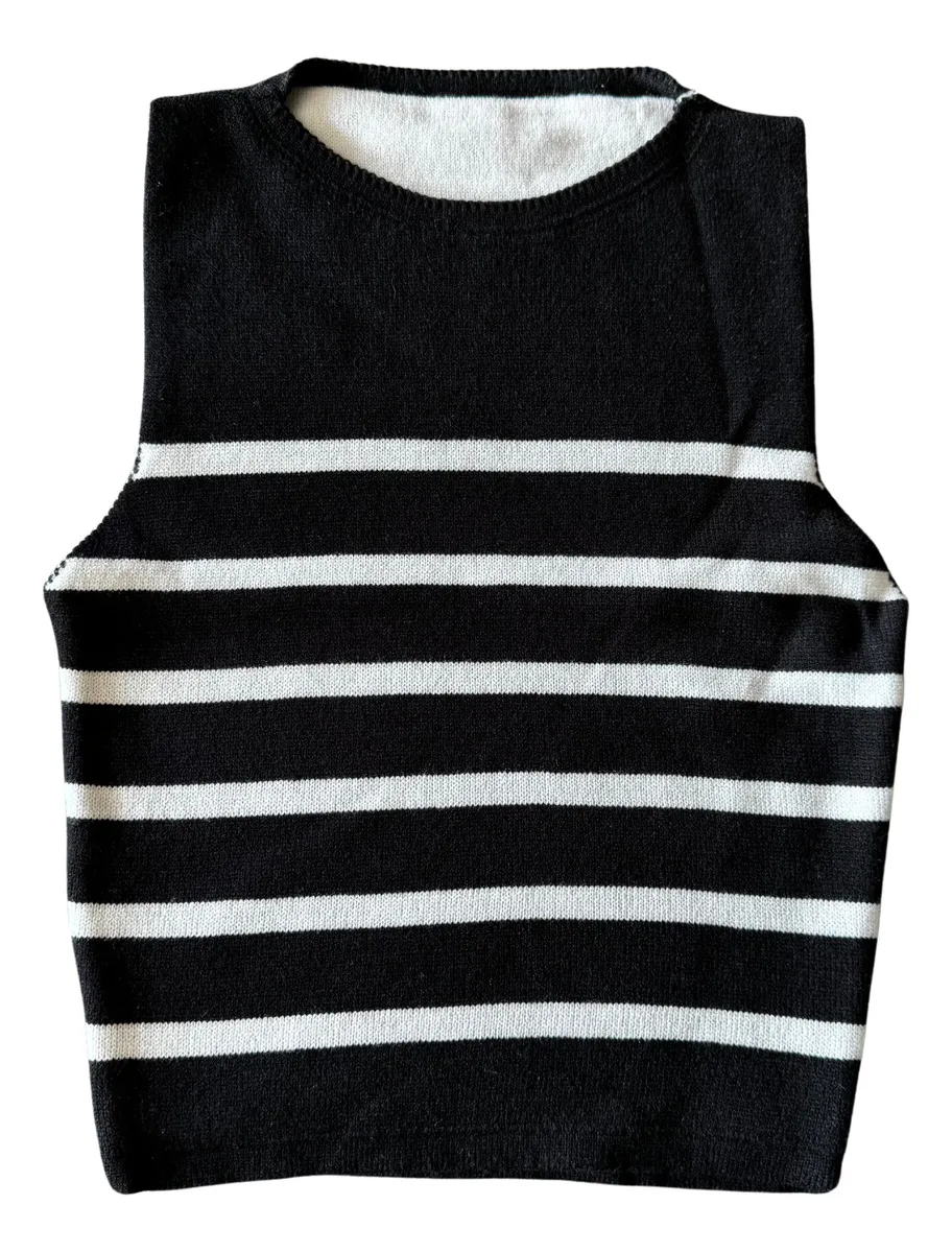Blusa Regata Básica Listrada Tricot Modal Cropped Feminina
